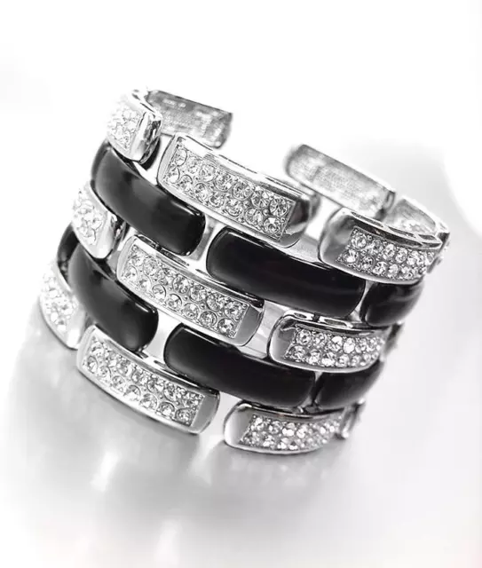 STUNNING Chunky 18kt White Gold Plated Crystal Black Lucite Chain Links Bracelet