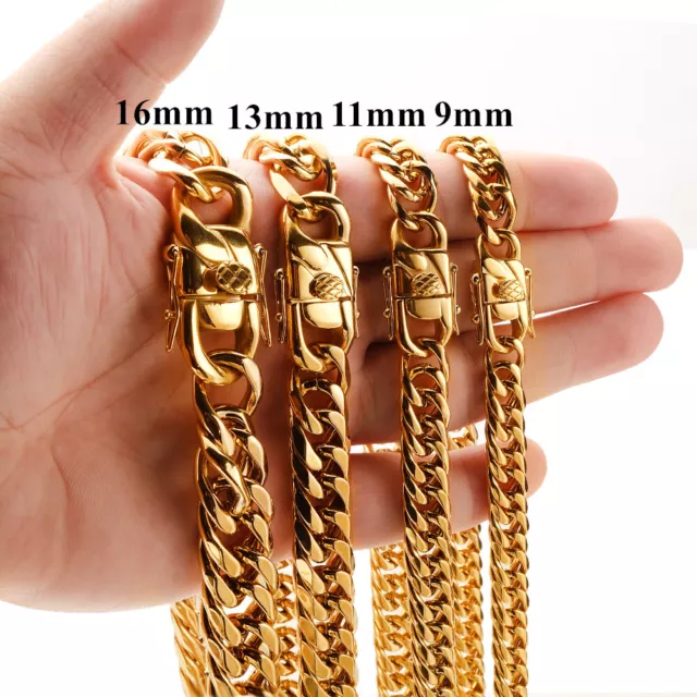 Men's Cuban Link Chain Necklace or Bracelet Stainless Steel Gold Chain 9-16MM