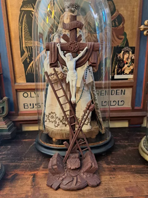 Antique Carved  Wood Standing Crucifix Tools of Passion Porcelain Jesus Corpus