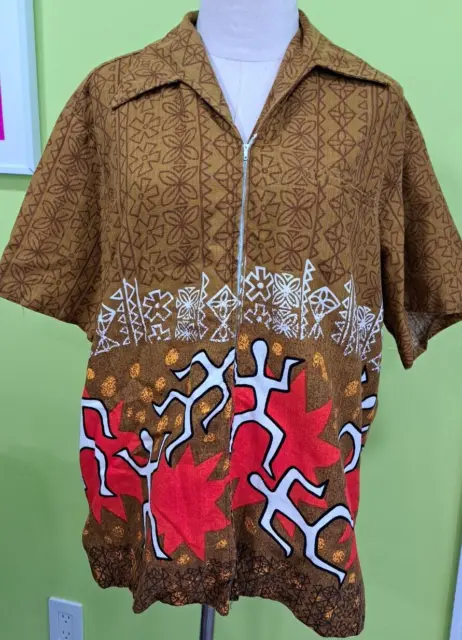 Vintage 1960s Atomic Malihini Hawaiian Shirt Zip Front Tiki Print L