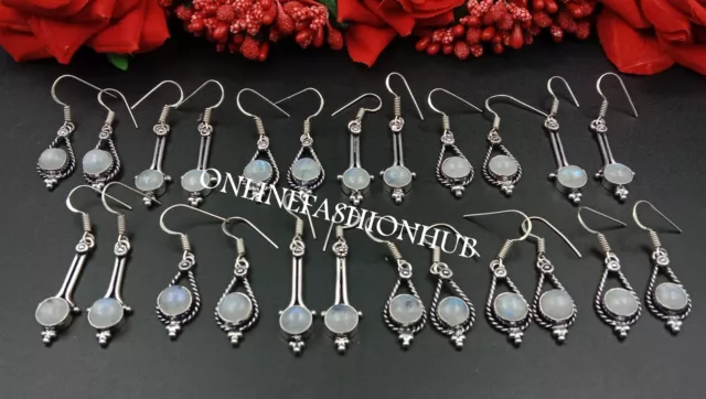 Natural Rainbow Moonstone Gemstone 925 Sterling Silver Plated Lot Hook Earrings