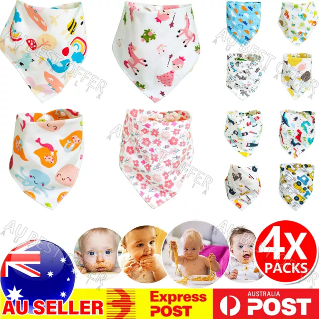 4pcs Baby Bib Set 100% Cotton Kid Boy Girl Triangle Bandana Gift Adjustable AUS