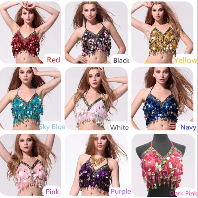 NEW Belly Dance Beaded Halter Top Bra Sequin Beaded Women Girls Costume Top