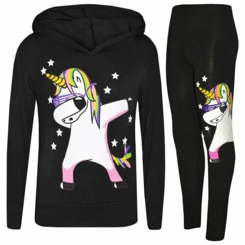 Bambine Arcobaleno Unicorn DAB Floss Rosa Maglia con Cappuccio Set Leggings