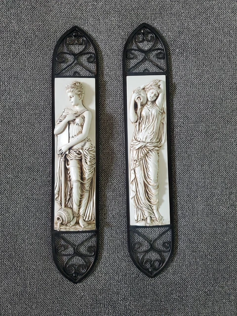 Vintage Wall Plaque Greek Roman Lady Cast Iron Frame 20" x 3.8" Set of 2