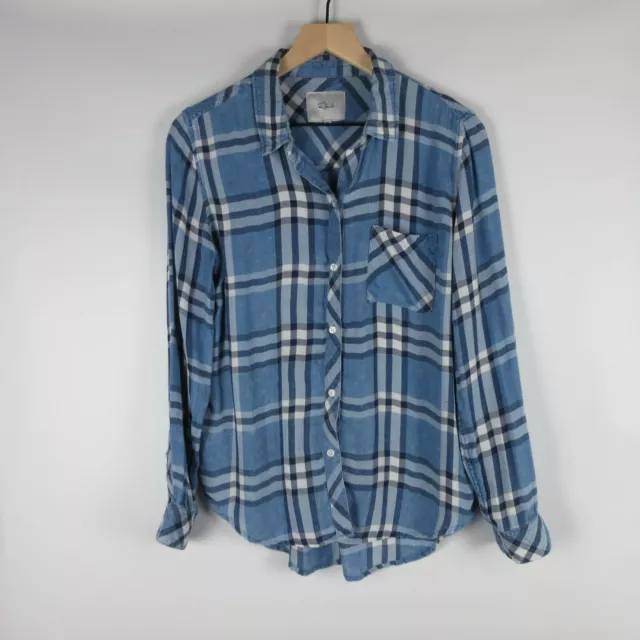 Rails Hunter Plaid Shirt Women Medium Lapis White Black Blue Button Up Tencel