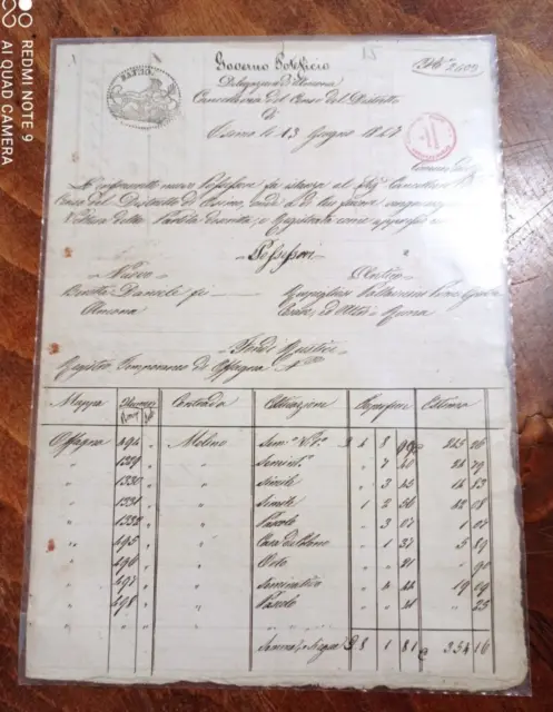 Documento Governo Pontificio Delegazione Ancona Osimo Pallavicini Bevetta 1847
