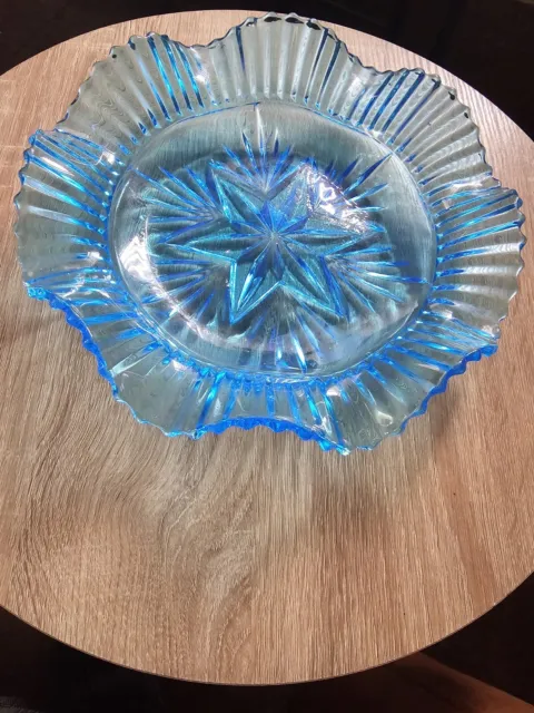 Sowerby 1930s Art Deco Blue wavy Glass bowl with star pattern
