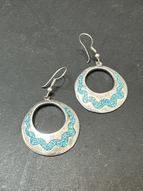 Ancienne Paire De Boucle D’oreille Pendante Argent Massif turquoise