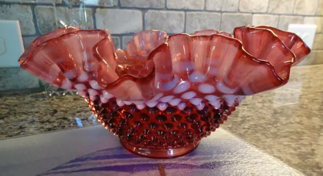 1940's Fenton Art Glass Hobnail "old" Cranberry Opalescent 9.5" Bowl DEEP COLOR!