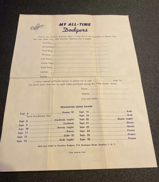 1954 Baseball~Brooklyn Dodgers “All-Time Dodgers” Fan Ballot Sheet/Home Schedule