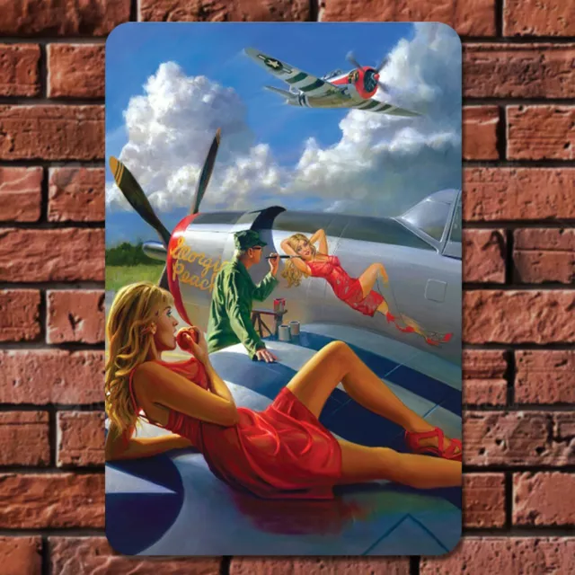 MY# Vintage Metal Plate Aeroplanes Girls Rectangular Iron Painting Wall Art Deco