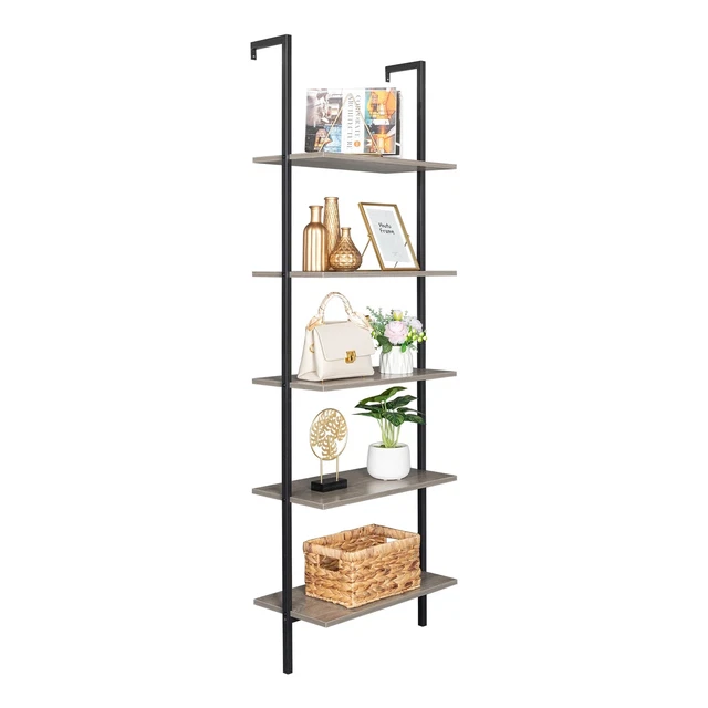 5SHELF WOOD LADDER Bookcase with Metal Frame, Industrial 5Tier Modern