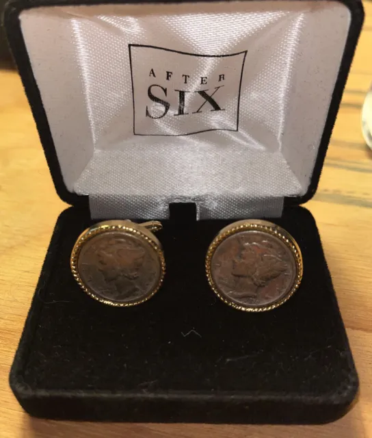 Vintage After Six  Genuine Coin Mercury Dime Gold Plated Cufflinks Box