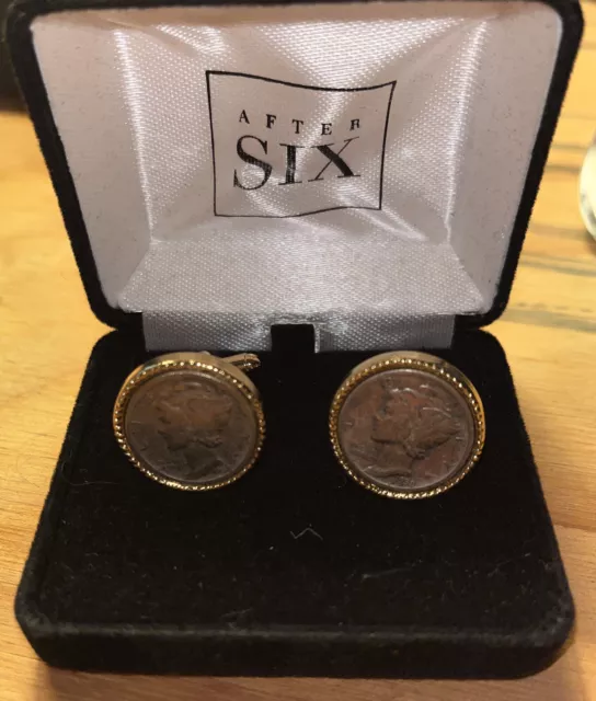 Vintage After Six Genuine Coin Mercury Dime Gold Plated Cufflinks Box Vintage After Six Genuine Coin Mercury Dime Gold Plated Cufflinks Box