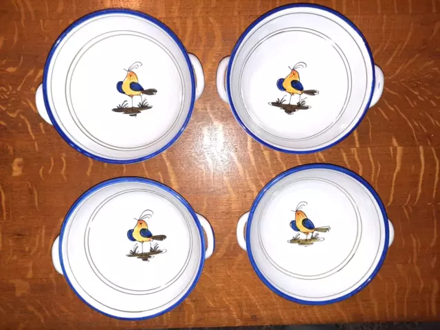 Set of 4  Deruta Italy Majolica Pottery 2-Handled 7" Soup/Cereal Bowls, Uccello