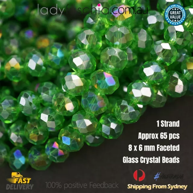 1 Strand 8mm Green Rondelle Faceted Glass Crystal Beads Multiple Colour 65PCs