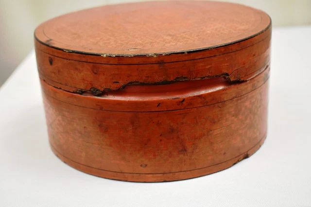 Antique Burmese (Bagan) Red Lacquered Coiled Bamboo Betel Nut Box Hand Painted"2 8