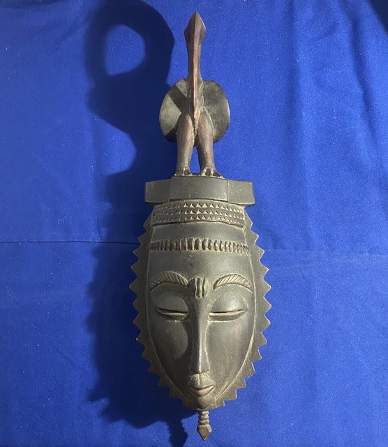 Vintage Authentic African Art Heavy Portrait Mask Baule Ivory Coast Carved Wood