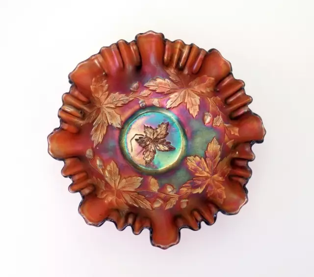 Fenton Autumn Acorn oak leaf iridescent carnival glass ruffle edged vintage bowl