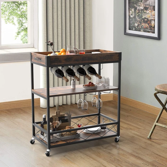 3 TIER BAR Serving Cart Kitchen Storage Trolley on Wheels with Wine