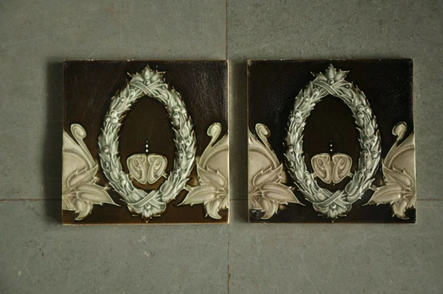 2 Pc Vintage Majolica Flower Garland Design Colorful Ceramic Tiles,Japan 4