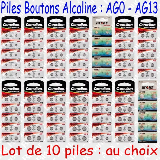 Lot de 10 piles boutons Alcaline 1,5V AG0 AG1 AG2 AG3 AG4 AG5 AG6 AG7 AG8 … AG13