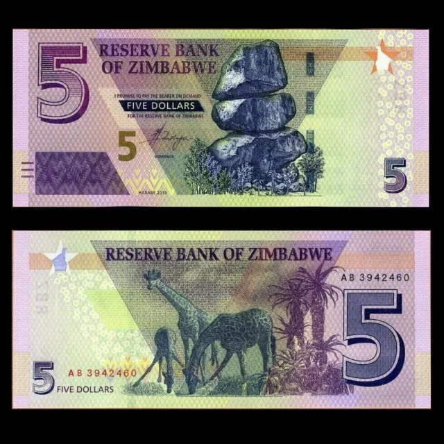 Zimbabwe 5 Dollars 2019 Banknote Revise Hybrid Giraffe UNC P-102