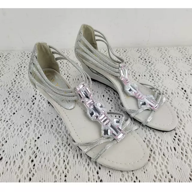 New York Transit Silver Pink Gemstones Wedge Heels Shoes Women's Size 7.5
