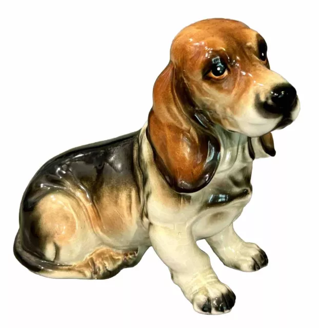 Vintage Large 8" Ceramic Bassett Hound Beagle Dog Sitting Statue Figurine