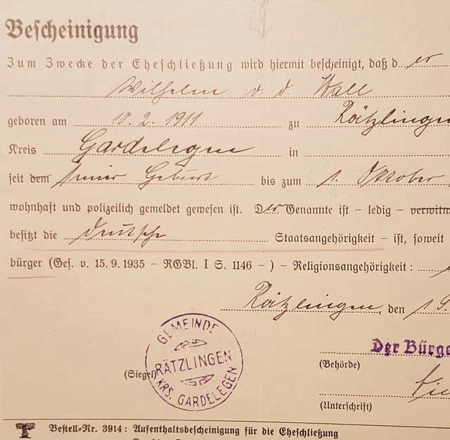 Was Braucht Man Zur Eheschließung RÄTZLINGEN: BESCHEINIGUNG ZUR Eheschließung v. 19.11.1936 EUR 1,00
