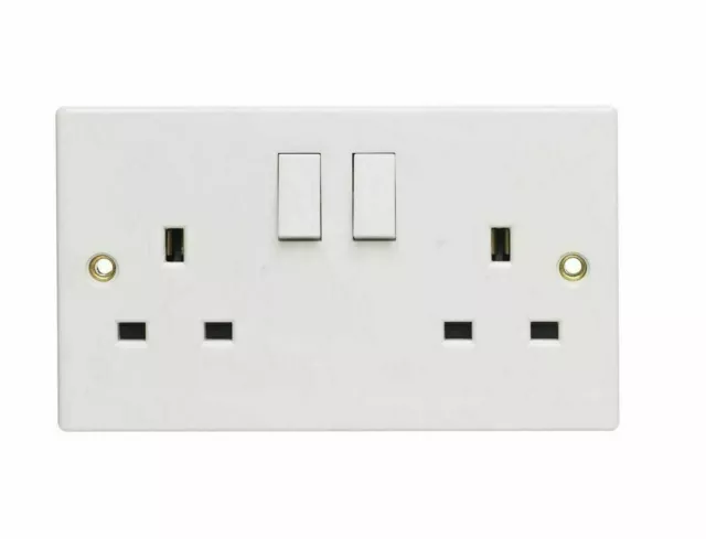 Wall Socket Switched 2 Gang White Twin Double Plug Electrical Square Edge DIY 2