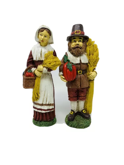 Thanksgiving Pilgrims Set of 2 Couple Ceramic Statue Tall Figurines Centerpiece