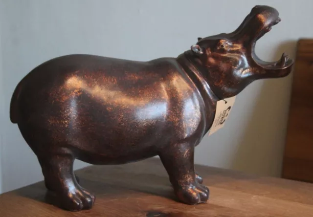 Nilpferd, Hippo, Dekofigur aus Polyresin, dunkelbraun/bronze, L 34 cm, H 23 cm