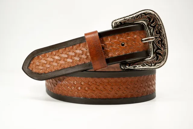 Detachable Buckle Leather Men's Belt with Cowboy Rodeo Basketweave Free Shipping
