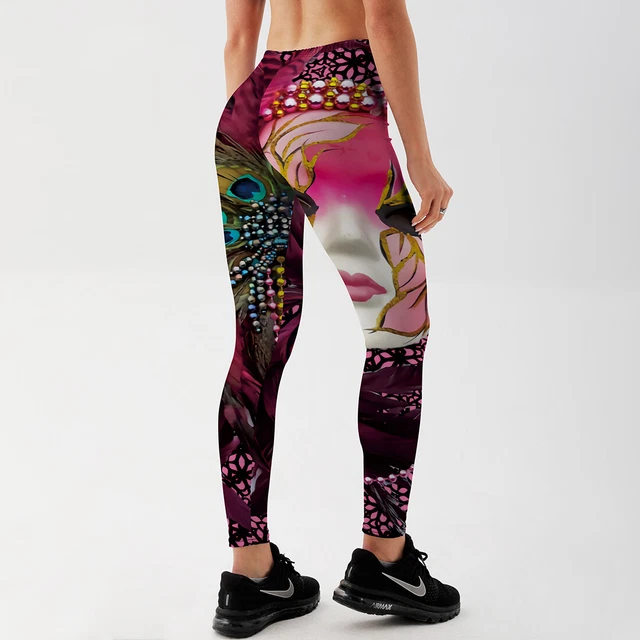 Women Girls Leggings Sports Yoga Pants Digital 3D Printed Colourful Peacock Mask