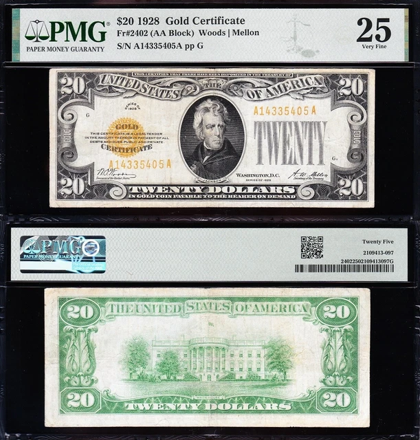 VERY NICE Bold & Crisp VF+ 1928 $20 GOLD CERTIFICATE! PMG 25! FREE SHIP! 35405A