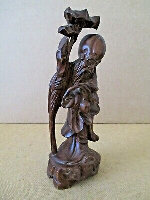 Antique Chinese Wood Hand Carved Old Wise Man Statuette Figurine 10" Vtg  AZ!