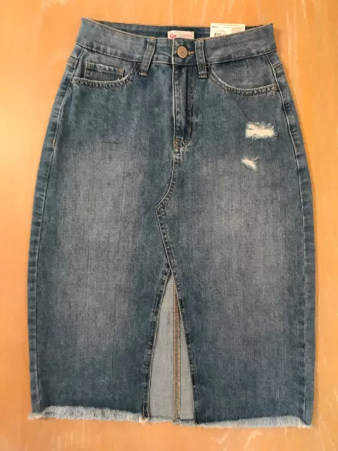 New! Juniors SO Denim Skirt Distressed 5 Pocket Front Split Blue Size 3