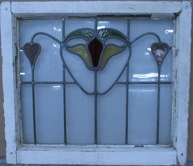MIDSIZE OLD ENGLISH LEADED STAINED GLASS WINDOW Abstract Floral 25.25" x 22.25"