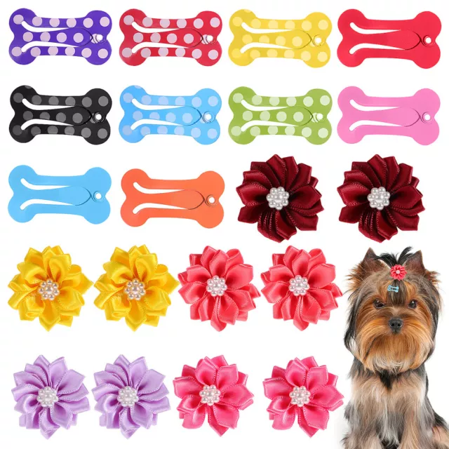 20 piezas de arcos y clips para pelo de perro, forma de flor y hueso, color aleatorio-