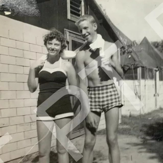 SHIRTLESS BEEFCAKE WITH A BABE Young Man & Woman Swimsuits 1960s Gay Int Photo