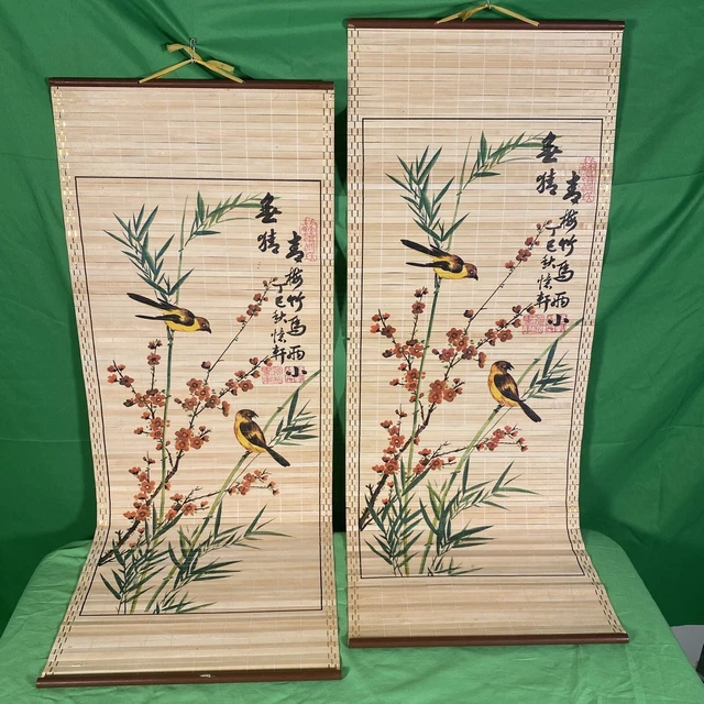 Vintage Bamboo Wall Scroll Art, Set of 2