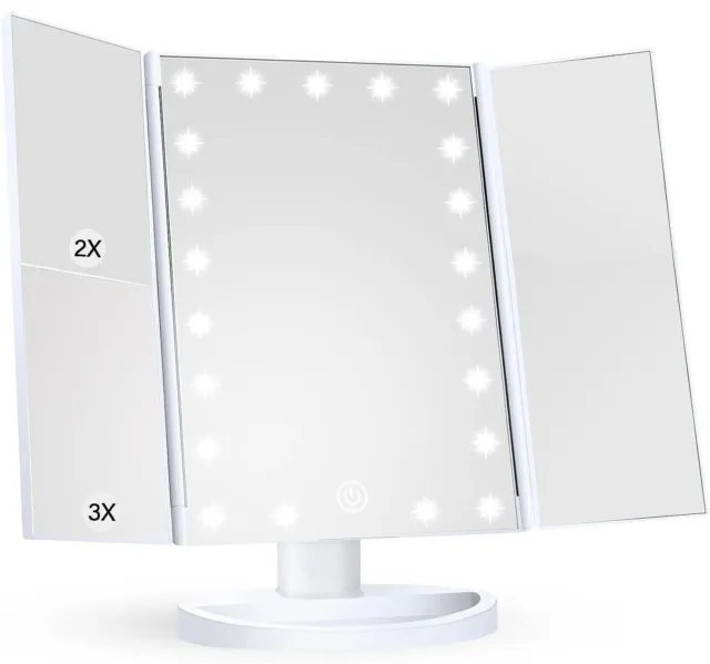 LED Makeup Mirror with Lights, 3X Magnification Touch Control Trifold Mirror