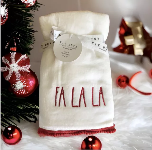 Rae Dunn Fa La La Christmas Hand Towels Guest Bath Set of 2 Embroidered White
