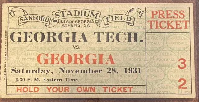 1931 Georgia Tech vs University Of Georgia Football UGA Bulldogs Ticket Stub
