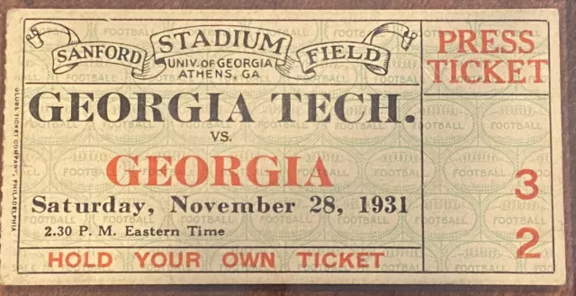 1931 Georgia Tech vs University Of Georgia Football UGA Bulldogs Ticket Stub