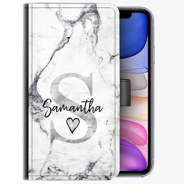 Personnalisé Initiale Téléphone Étui ; Nom Marbre Gris et Blanc Cuir PU Clapet