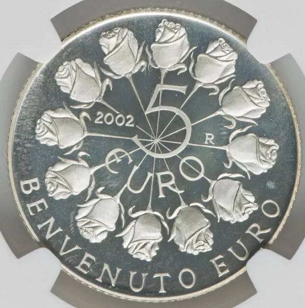 San Marino Welcome to the Euro, 2002 Fine 0.999 Silver Coin 5E, Proof NGC