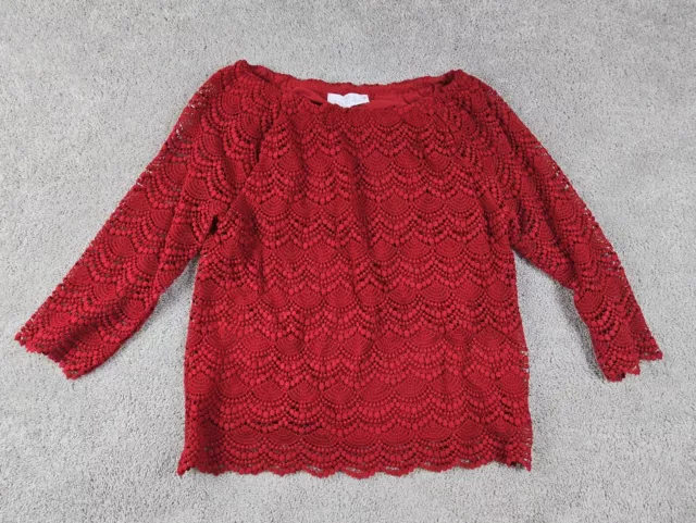 RSVP TALBOTS Gran Encaje Crochet BLUSA ROJA Top Mangas 3/4 Camisa Abuela